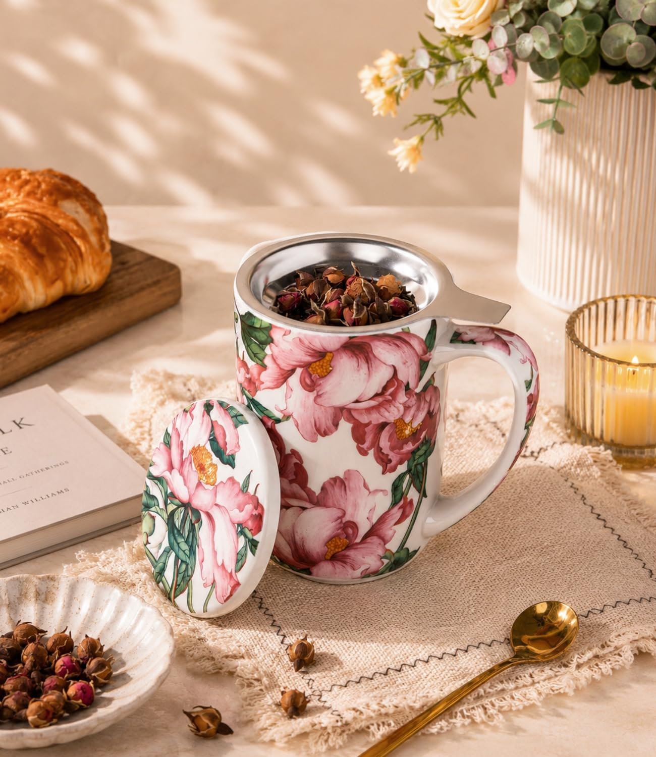 AmorArc Porcelain Tea Mug with Infuser and Lids, 18 Oz Large Cup Strainer with Bag Holder for Loose Leaf Tea, Steeping Coffee Mug for House-warming Wedding Birthday Gift