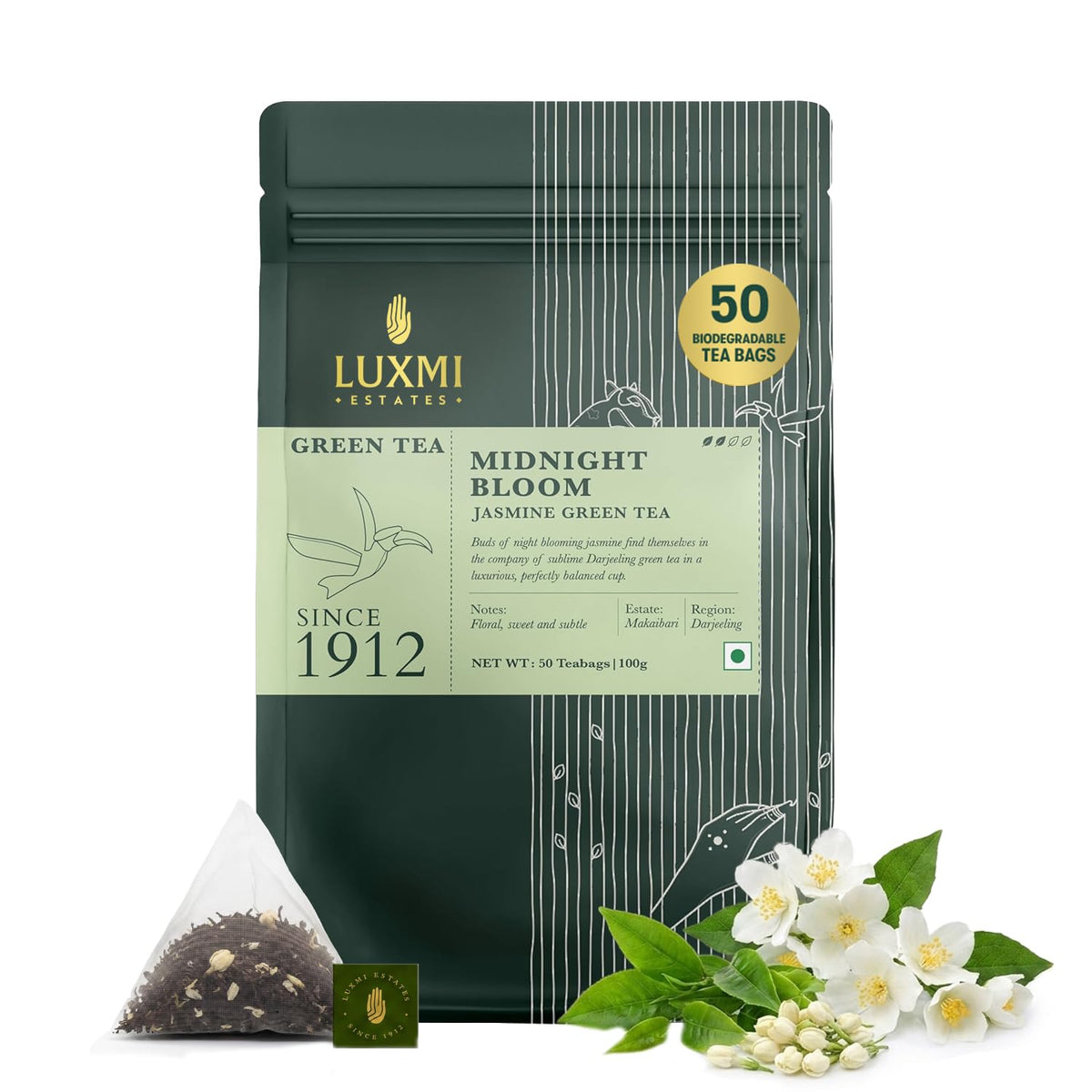 Luxmi Estates Midnight Bloom Jasmine Darjeeling Green Tea | 50 Biodegradable Teabags (50 cups)
