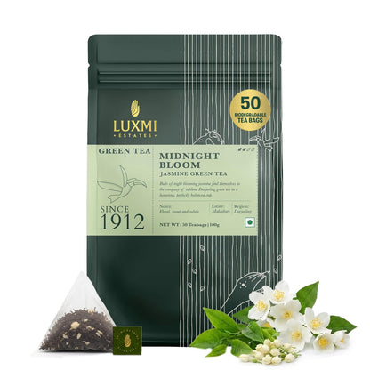 Luxmi Estates Midnight Bloom Jasmine Darjeeling Green Tea | 50 Biodegradable Teabags (50 cups)