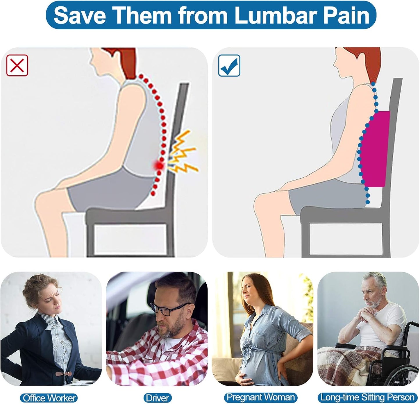 Lumbar Pillow for Chair and Car, Back Support for Office, Memory Foam Cushion with Mesh Cover - Black