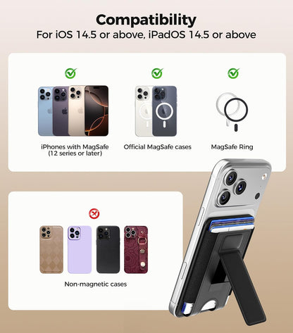 for MagSafe Wallet, Works with Apple Find My, 5-Card RFID Holder with Stand Also Grip, Strong Magnetic Wallet for iPhone 17/16/15/14/13/12 Pro Max Air Plus, Wireless Charging, Black