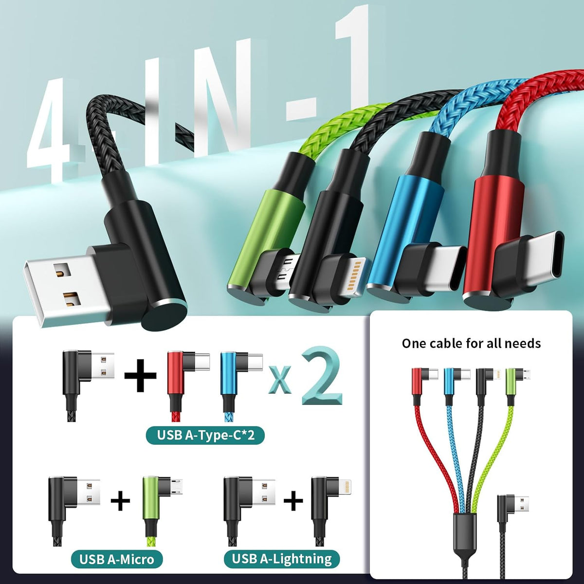 4 in 1 Multi Charging Cable, 5FT Charging Cords for Multiple Devices