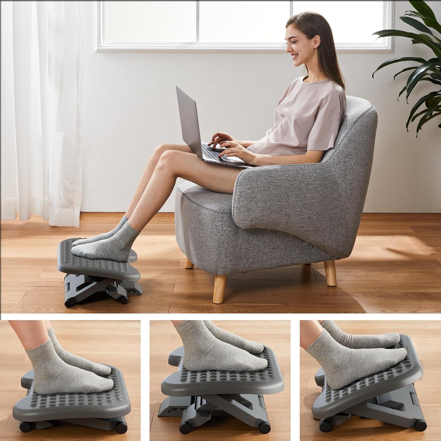 HUANUO Adjustable Desk Footrest, Foot Rest for Under Desk at Work with Massage, Adjustable Foot Stool with 3 Height Position & 30 Degree Tilt Angle Adjustment for Home, Office, White