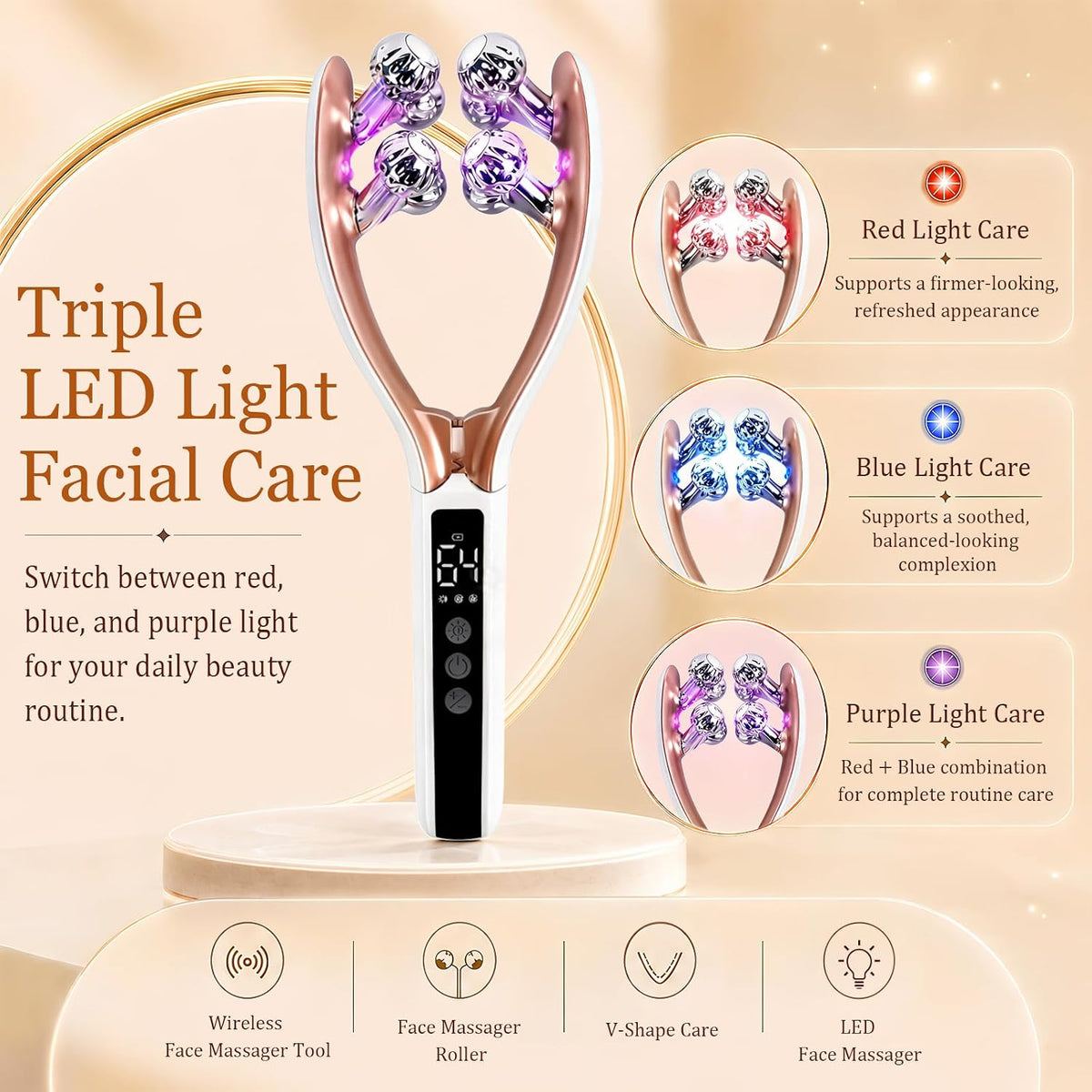 Wireless Face Massager Tool, 8-Roller 3D Face Roller for Women