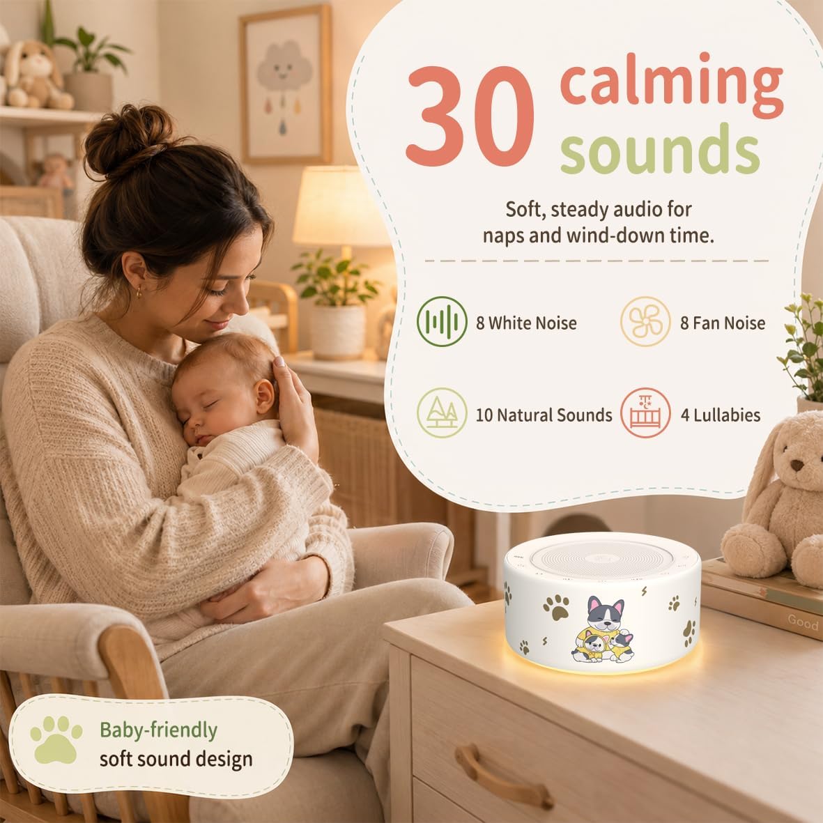 Kipcush White Noise Machine for Baby & Adults, 30 Soothing Sounds, Soft Non-Glare Nursery Lamp, 8 Color Night Lights, Memory Function (Angel V1 White, Standard)