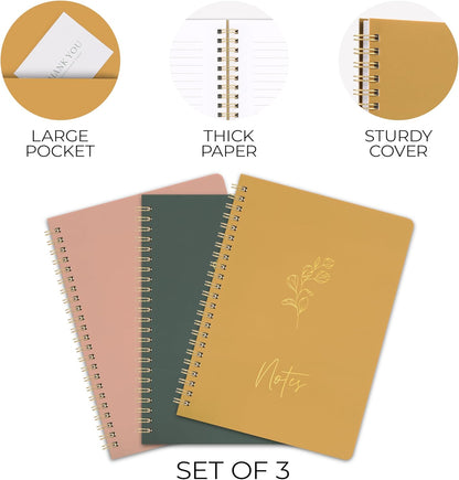 ZICOTO Aesthetic Spiral Notebook Set of 3 For Women - Cute College Ruled 8x6 Journal/Notebook with Large Pockets And Lined Pages - Perfect Supplies to Stay Organized at Work or School