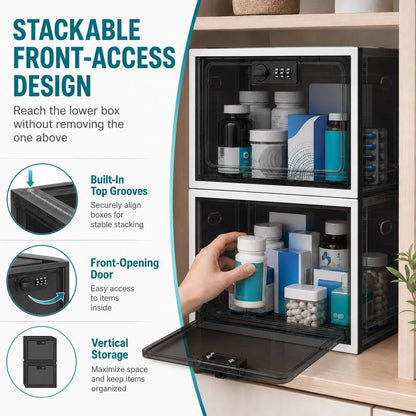 2 Pack Large Medication Lock Box with Code, Clear Lockable Storage Box for Refrigerator, Cabinet & Dorm, Stackable Medicine Box for Prescriptions, Snacks, Phone, 11.9" x 9.3" x 7.6", Black