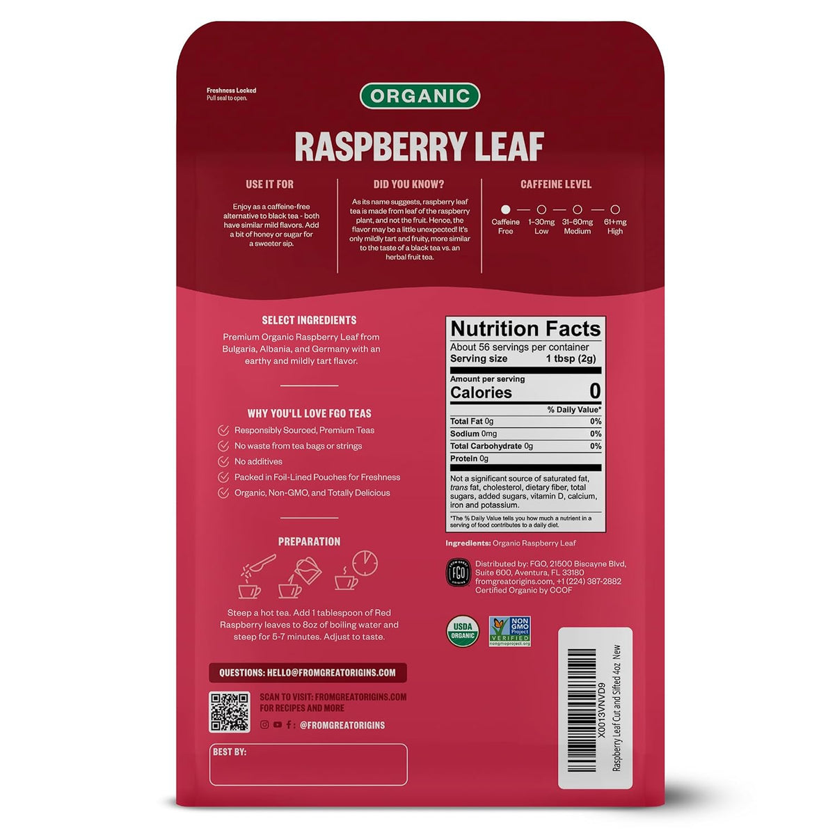 FGO Organic Red Raspberry Loose Leaf Herbal Tea, Cut and Sifted, Caffeine Free, Resealable Bag, 4oz (Pack of 1)