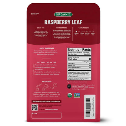 FGO Organic Red Raspberry Loose Leaf Herbal Tea, Cut and Sifted, Caffeine Free, Resealable Bag, 4oz (Pack of 1)