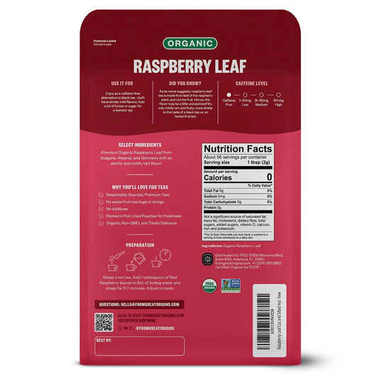 FGO Organic Red Raspberry Loose Leaf Herbal Tea, Cut and Sifted, Caffeine Free, Resealable Bag, 4oz (Pack of 1)