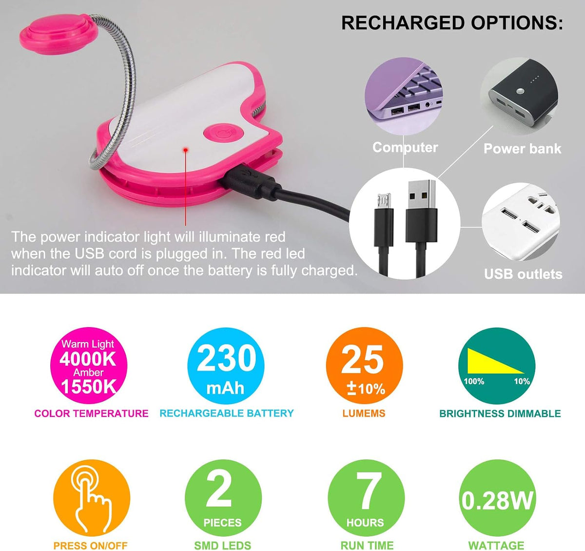BIGMONAT Rechargeable Reading Light for Kids,Small Amber Book Light,Multi Colors Portable LED Reading Lamp with 361° Rotary Light Neck,Wireless Clip Reading Light for Books (White)