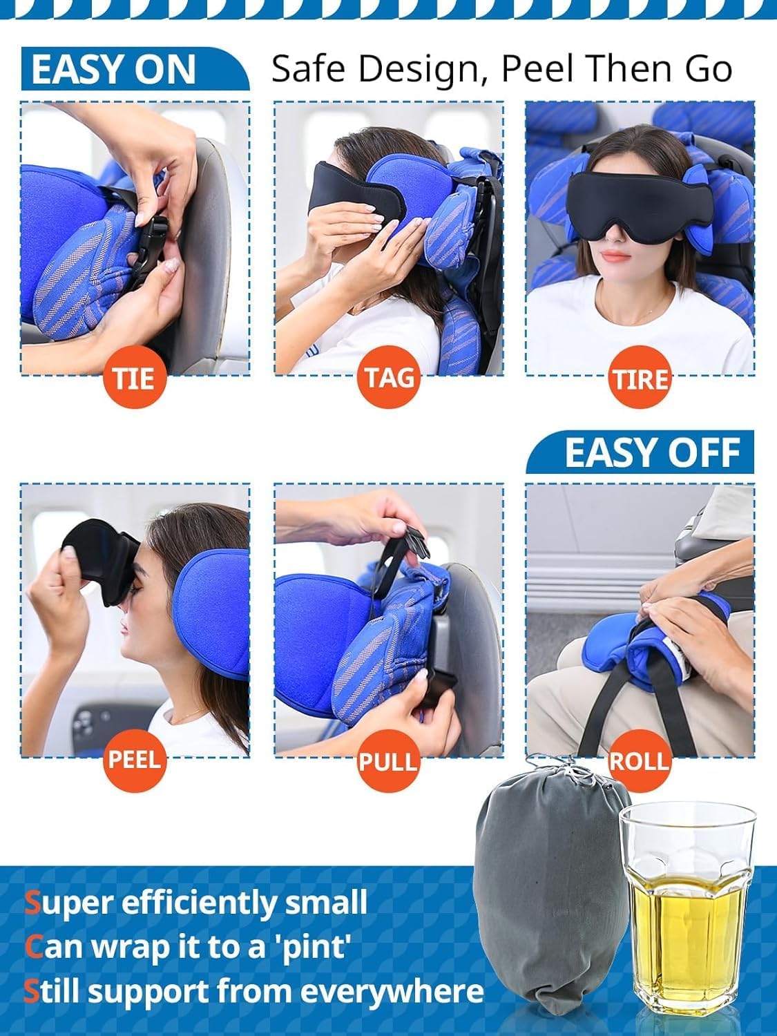 SARISUN Travel Pillows for Airplanes, 360° Stable Support Airplane Pillow with 3D Eye Mask, Headrest Pillow for Long Flight Road Trip Sleep, Stop Bobblehead Travel Essential, Black