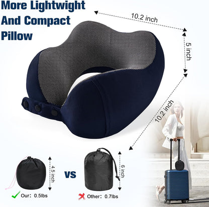 Cirorld Neck Pillow for Traveling, Travel Pillows for Airplanes,100% Pure Memory Foam Travel Neck Pillow, Adjustable Flight Pillow, Portable Plane Accessories with Eye Mask, Earplugs, Carry Bag