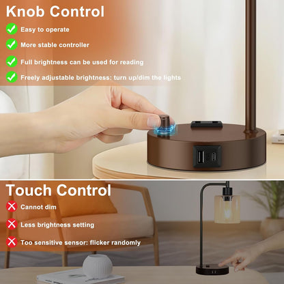 Industrial Table Lamps for Bedrooms Set of 2 - Fully Dimmable Bedside Lamps with USB A and C Ports and Outlet, Black Nightstand Lamps with Glass Shade for Living Room, Desk Lamps for Office Reading