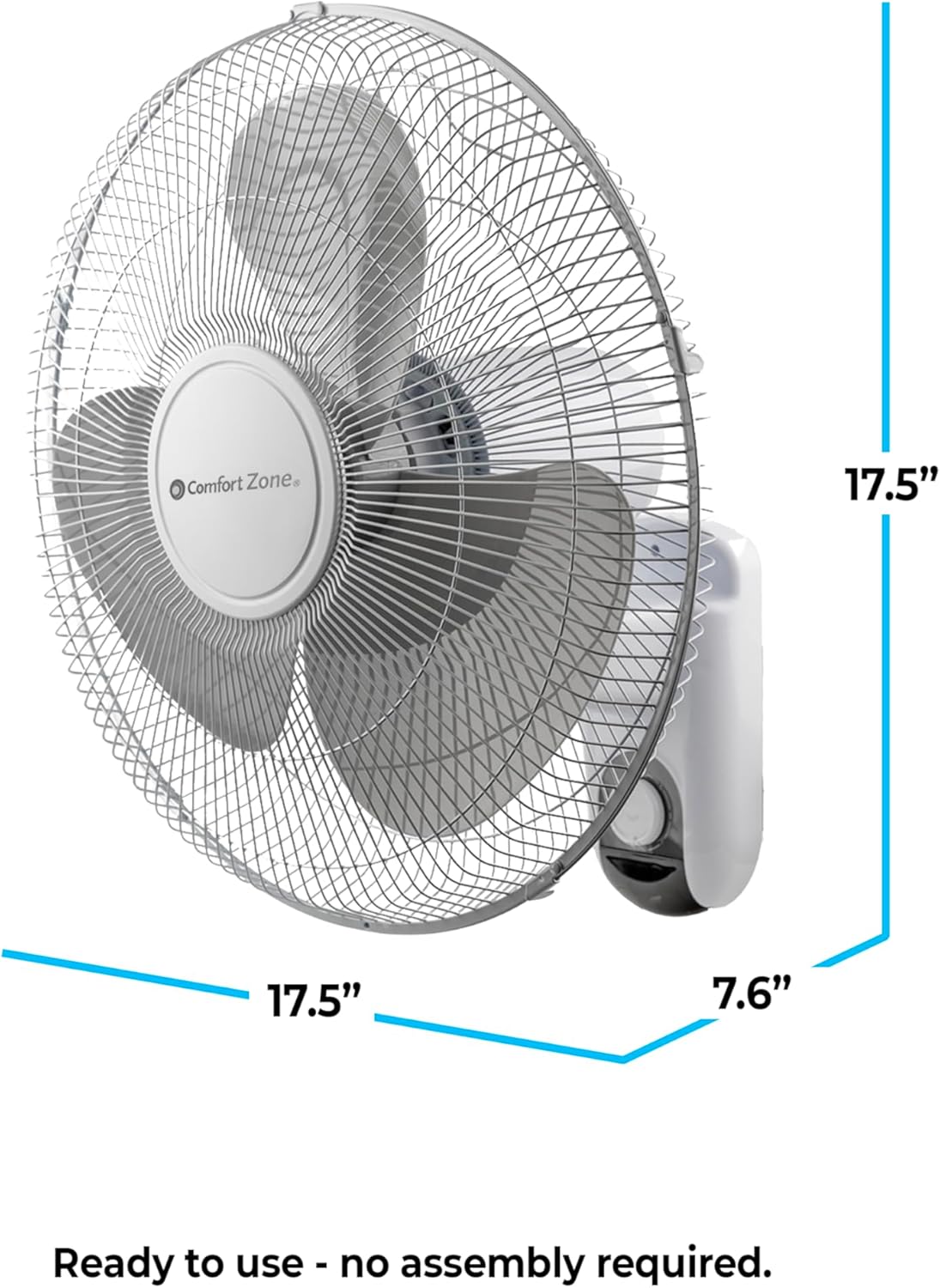 Comfort Zone 16-Inch Fan with Remote Control – Quiet 3-Speed Oscillating Indoor Fan with 90° Wide-Angle Airflow, Timer & Sleep Modes – Space-Saving Wall Fan for Bedroom, Home Gym & Office, White