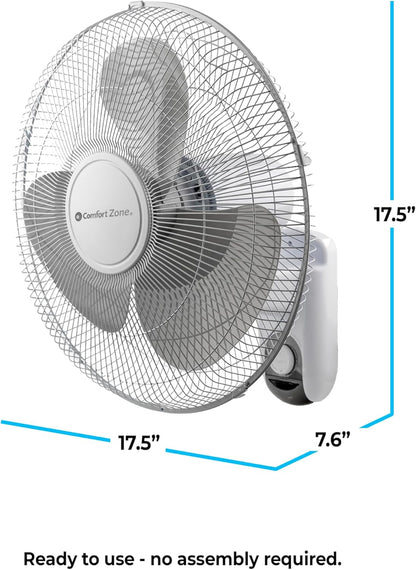 Comfort Zone 16-Inch Fan with Remote Control – Quiet 3-Speed Oscillating Indoor Fan with 90° Wide-Angle Airflow, Timer & Sleep Modes – Space-Saving Wall Fan for Bedroom, Home Gym & Office, White