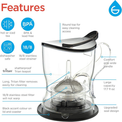 GROSCHE Aberdeen Tea Infuser Teapot & Smart Tea Maker - BPA-Free, Drip-Free Design | Coaster | Easy Brew | Easy Clean Steeper | Loose Leaf Brewing - Stylish Design | 17.7 oz - 525 ml - Black