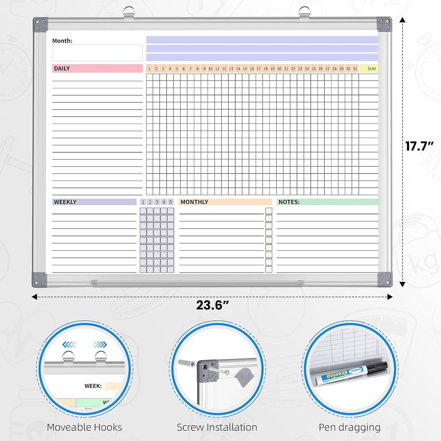 Habit Tracker Dry Erase Whiteboard with Silver Aluminium Frame for Wall 12" x 16"Hanging Removable Daily Weekly and Monthly Goal and Habit Tracker Motivational Goal & Planner Journal
