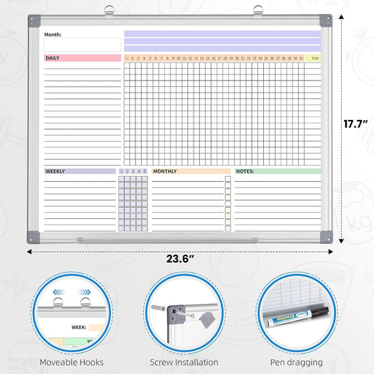Habit Tracker Dry Erase Whiteboard with Silver Aluminium Frame for Wall 12" x 16"Hanging Removable Daily Weekly and Monthly Goal and Habit Tracker Motivational Goal & Planner Journal