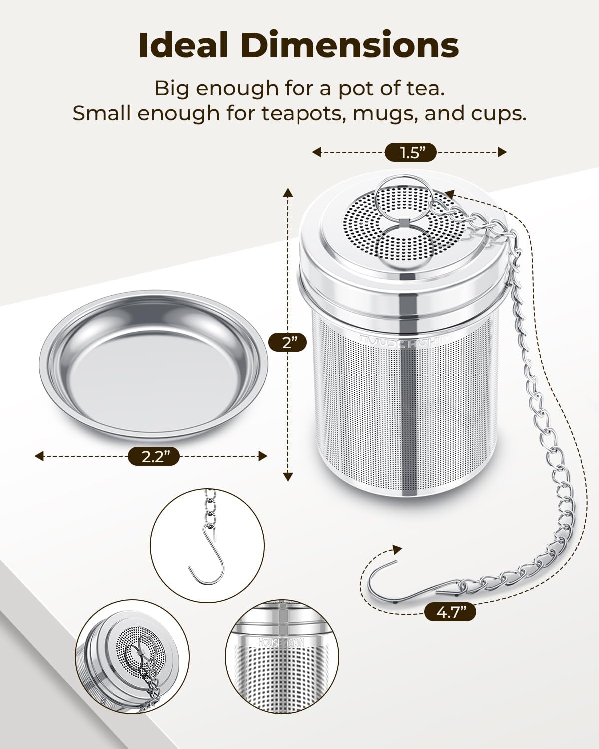 House Again 2 Pack Tea Infuser, Extra Fine Mesh Tea Infusers for Loose Tea, 18/8 Stainless Steel Tea Strainer with Extended Chain Hook, Tea Steeper for Brew Tea, Spices & Seasonings