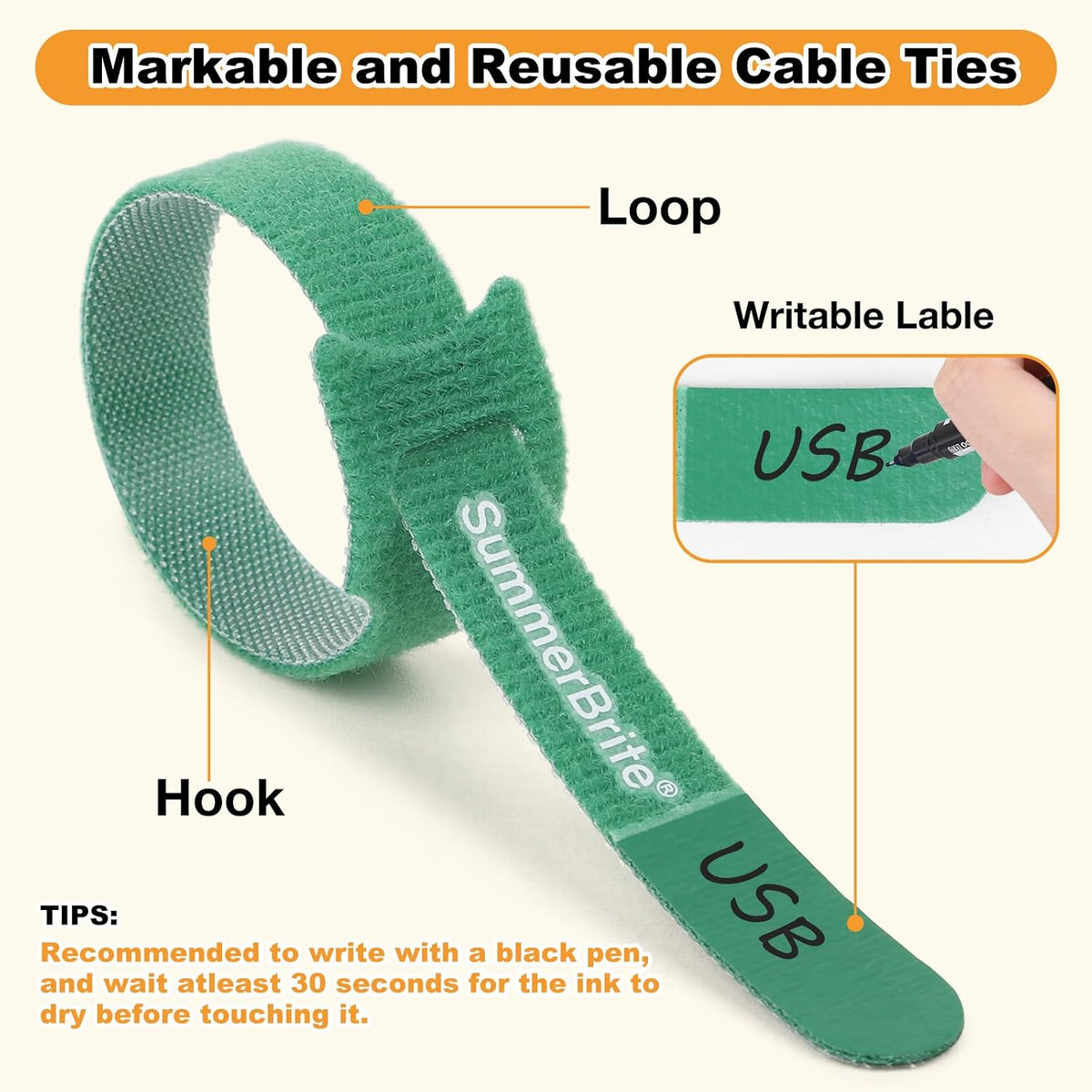 Cable Ties with Writable Labels, Wire Management, Black, 70 PCS, 6 IN