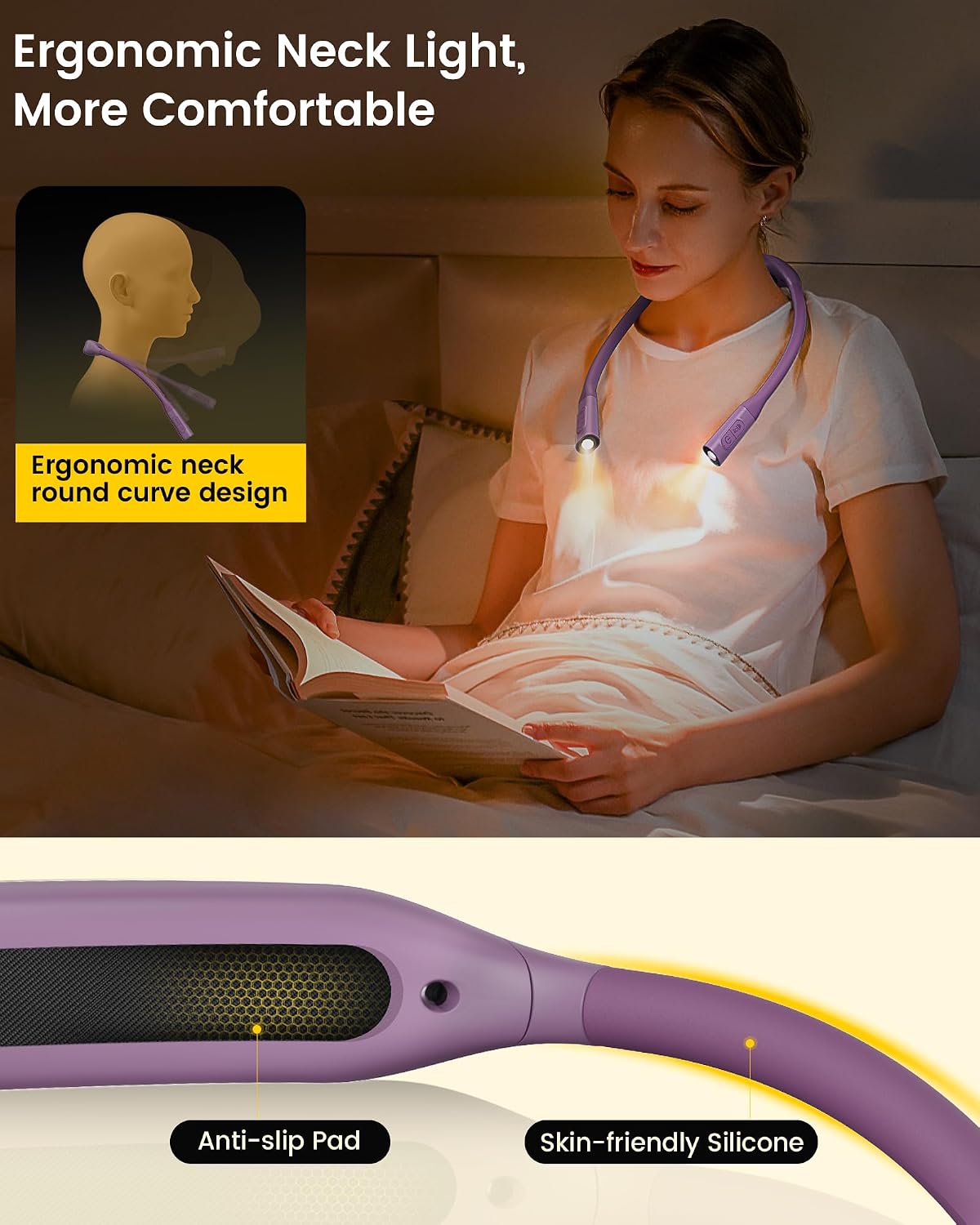 Glocusent Neck Book Light, 1200mAh Rechargeable Neck Reading Light, Hands Free Book Lights for Reading at Night, 5 Colors & 5 Brightness, Private Lightweight Book Reading Light in Bed for Book Lovers