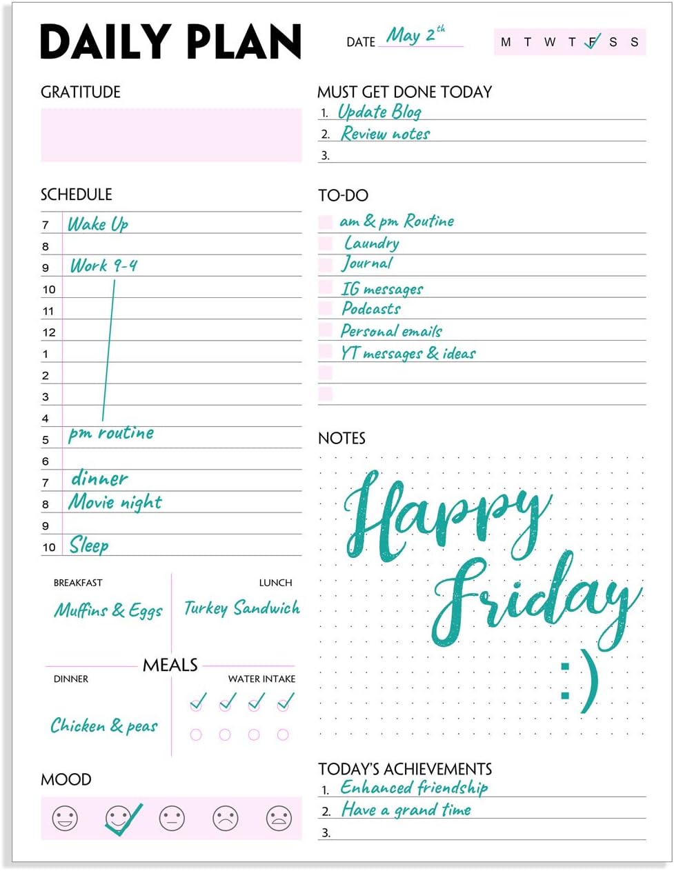 Daily Planner Notepad - A5 Calendar, Scheduler, Organizer with Priority, To Do List, Appointments, Notes, Meals and Water Intake Tracker, 50 Undated Tear-Off Sheets Planning Pad, 5.8"x8.25"