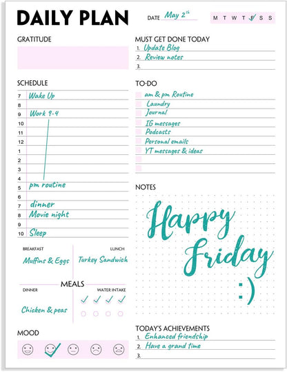 Daily Planner Notepad - A5 Calendar, Scheduler, Organizer with Priority, To Do List, Appointments, Notes, Meals and Water Intake Tracker, 50 Undated Tear-Off Sheets Planning Pad, 5.8"x8.25"