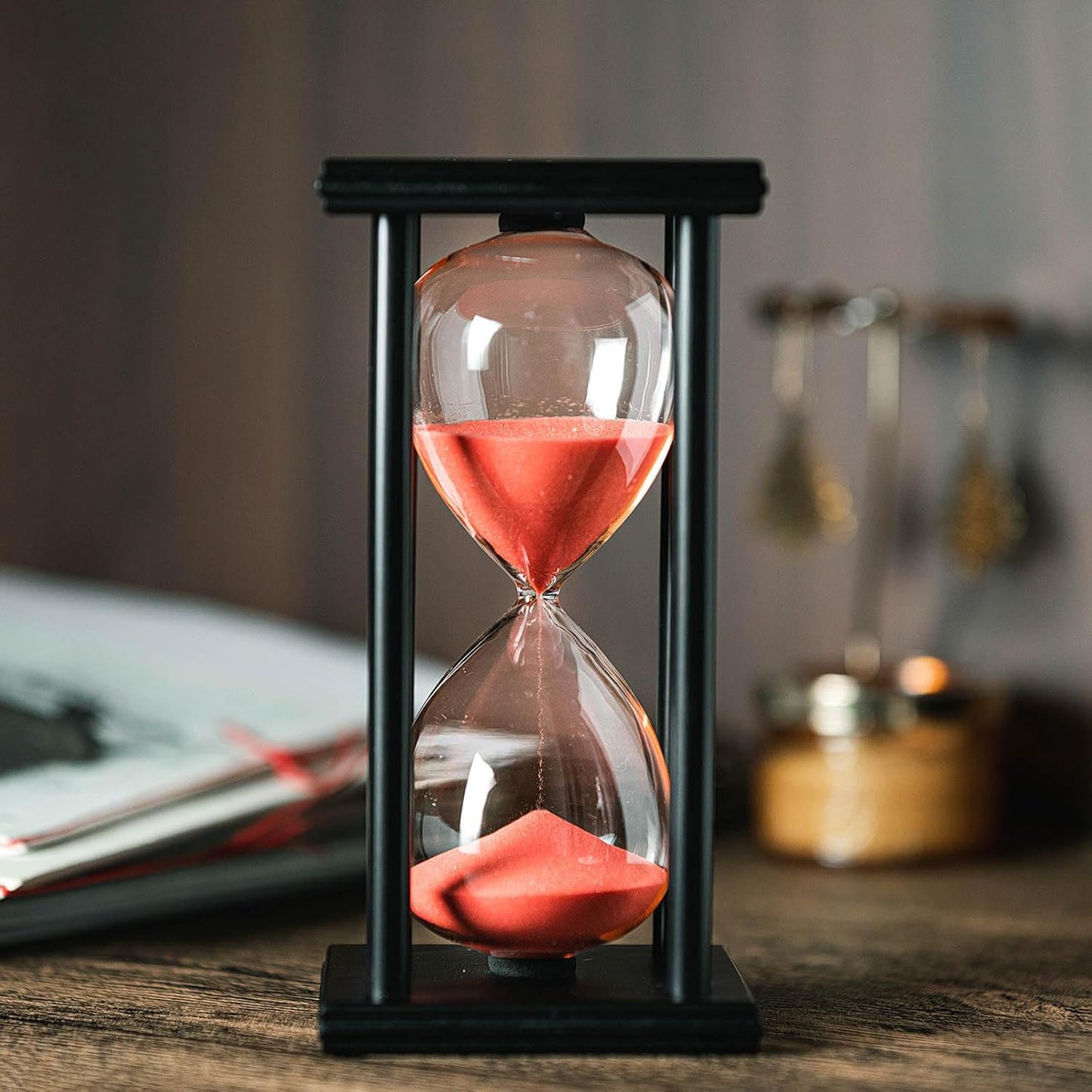 Hourglass 60 Minutes White Sand Timer, Black Wooden Frame Sandglass