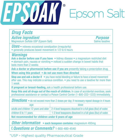 Epsoak Epsom Salt 38 lb. Magnesium Sulfate USP. (Qty. 2 x 19 lb. Bags) Resealable Epsom Salt Bag Unscented, Made in The USA, Cruelty-Free Certified