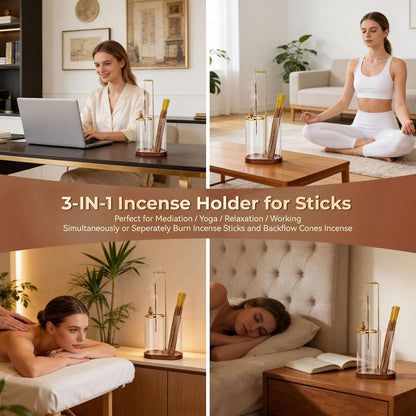 3 in 1 Incense Holder for Sticks Upside Down Anti-Ash Incense Burner with Glass Ash Catcher Backflow Cone Incense Diffuser with Adjustable Threaded Mounting for Mediation Yoga Spa Gifts Home Decor