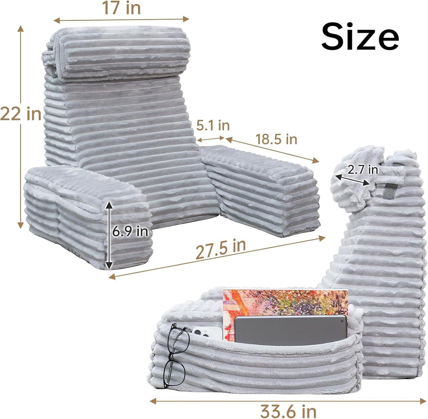 ENITYA 22" XL Back Pillow for Bed Sitting Up, Reading Pillow with Armrests & Big Pockets, Soft Back Support Chair, Ideal for Watching TV, Gaming, Nursing, Resting, Post Surgery, Dark Grey