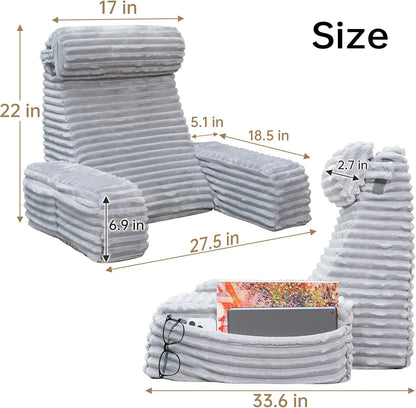 ENITYA 22" XL Back Pillow for Bed Sitting Up, Reading Pillow with Armrests & Big Pockets, Soft Back Support Chair, Ideal for Watching TV, Gaming, Nursing, Resting, Post Surgery, Dark Grey