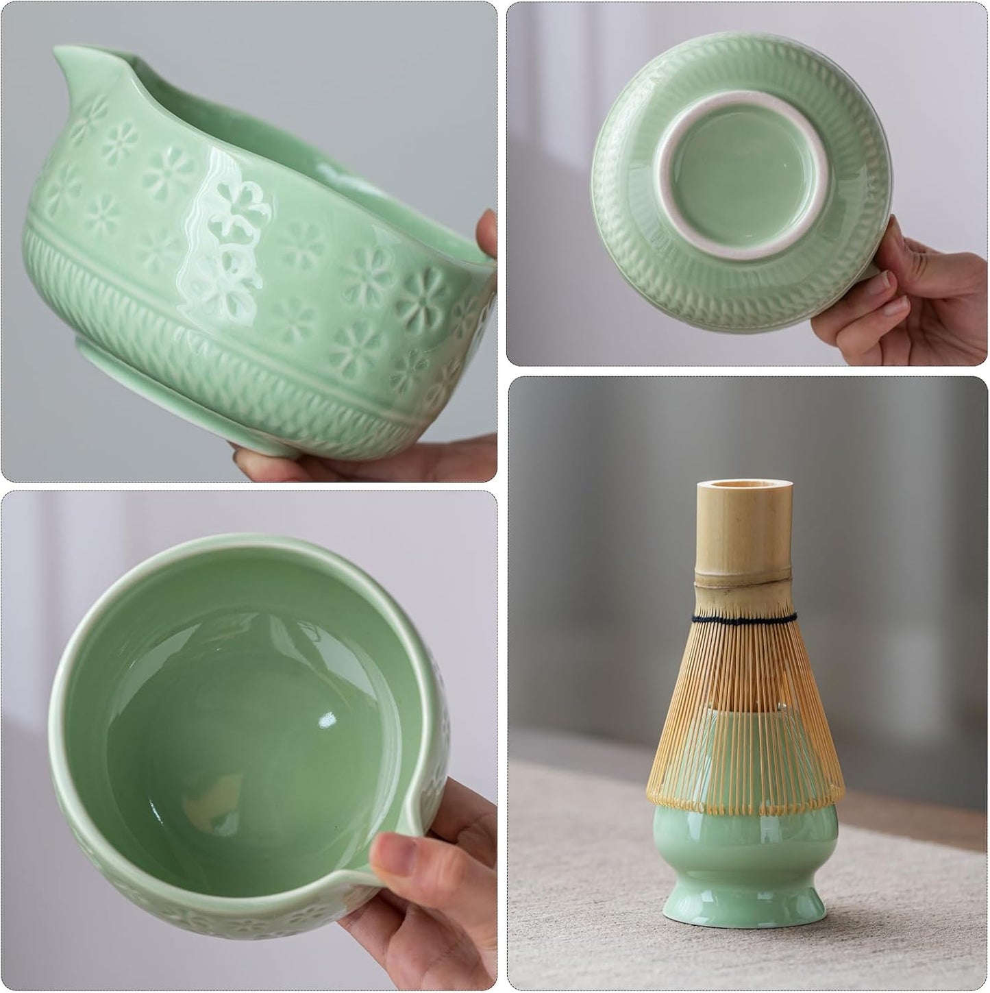 Buucup Matcha Whisk Set, Ceramic Matcha Kit Set Includes Matcha Bowl, Matcha Whisk and Holder, Bamboo Scoop, Scoop Rest, Sifter and Tea Towel - 7 Pcs Matcha Kit for Matcha Lovers (Mottled Green)