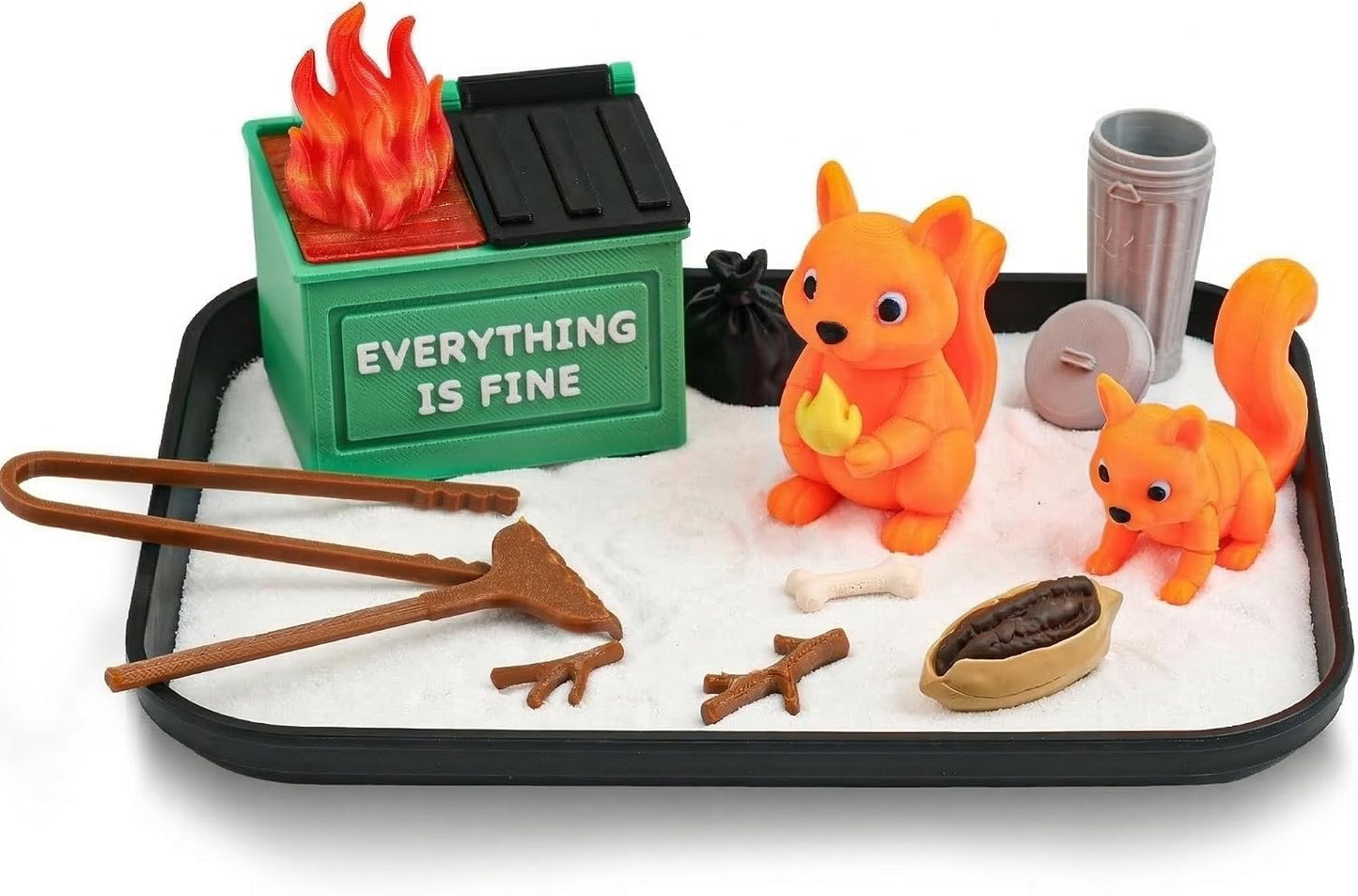 Funny Dumpster Fire Zen Sand Garden Kit, Desk Decor Toy with Mini Rake Tray, Stress Relief Accessory, Office Humor Gift Idea, White Elephant Present, Coworker Novelty Decoration
