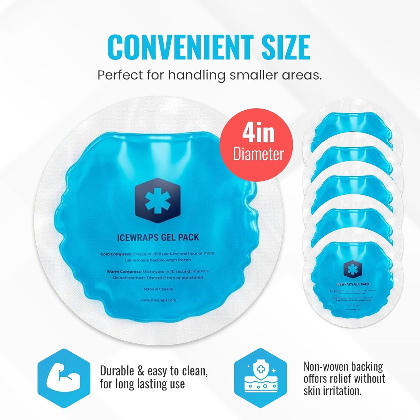 ICEWRAPS Reusable Round Ice Packs for Injuries, Hot & Cold Gel Therapy Packs, Soft & Flexible Compress for Pain Relief and Recovery, Pack of 5, Blue, FSA-HSA Eligible