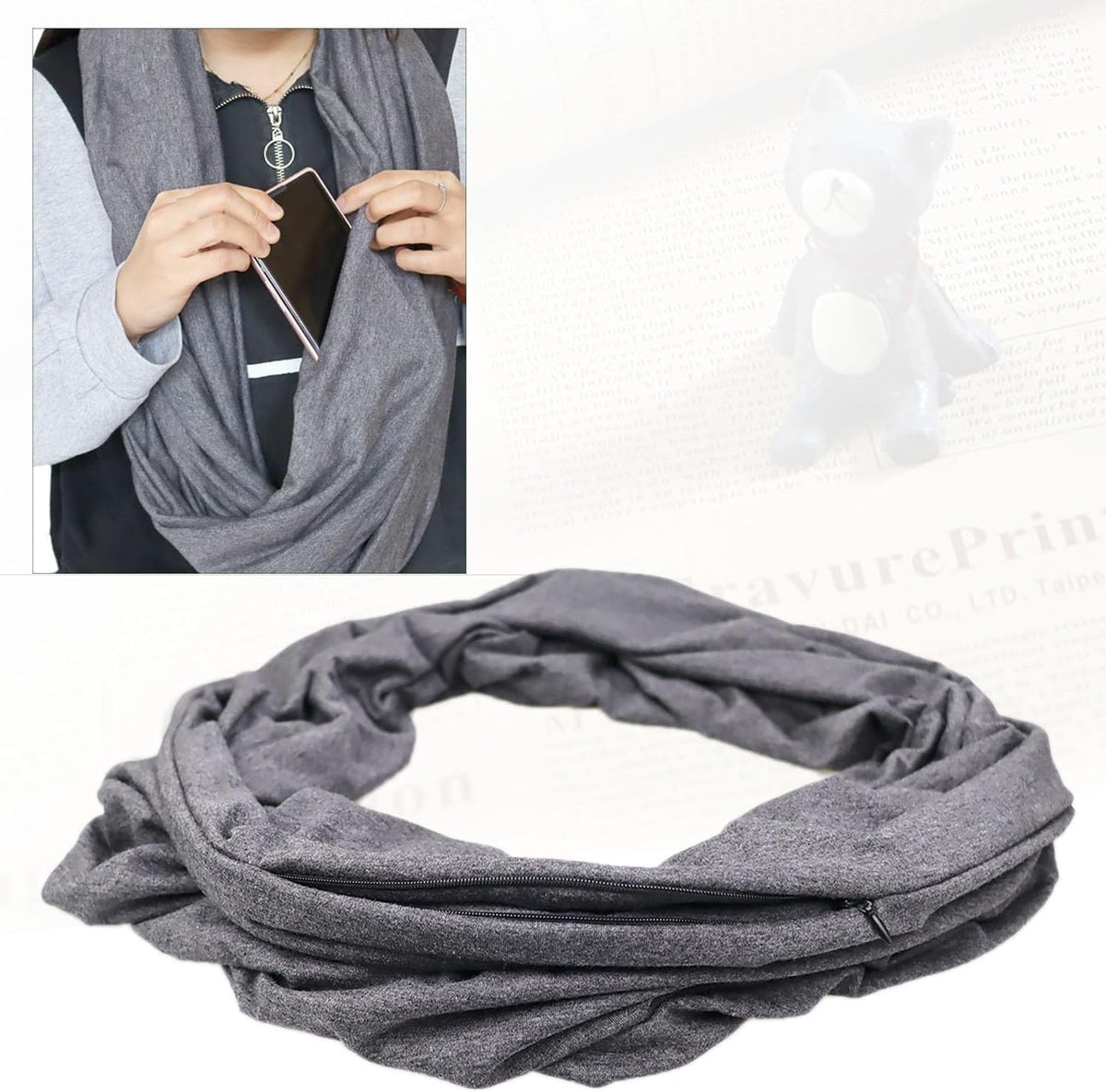 Infinity Scarf with Hidden Pockets Converts to Blanket and Wrap Travel Blanket Tube Scarf Wearable Blankets for Women Perfect for Travel, Grey