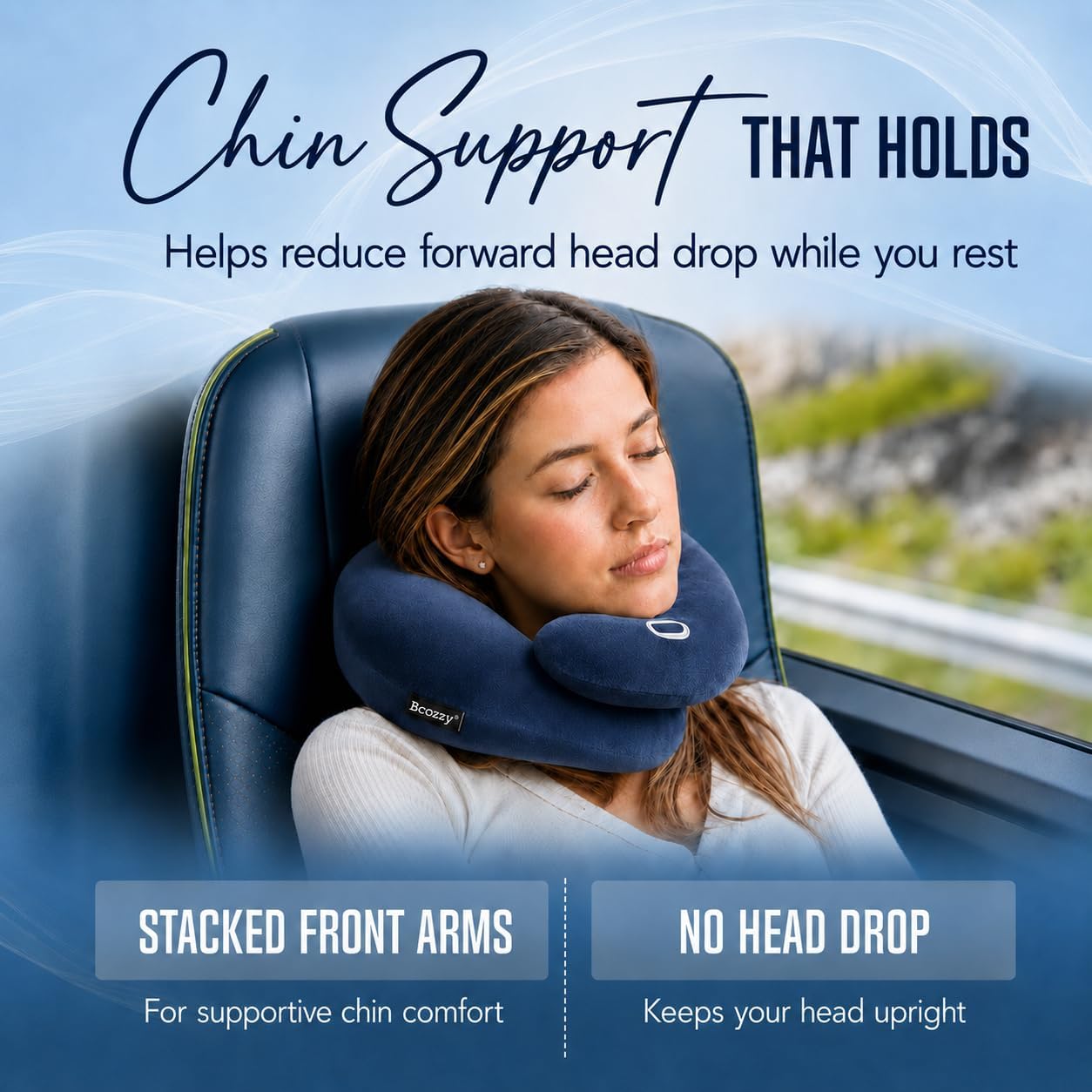 BCOZZY Travel Neck Pillow for Airplane– Patented Double Support for Head, Neck, and Chin. Best for Long Flights, Plane Sleeping, and Car Rides. Adjustable Size. Fully Washable. Carry Bag. Large, Black