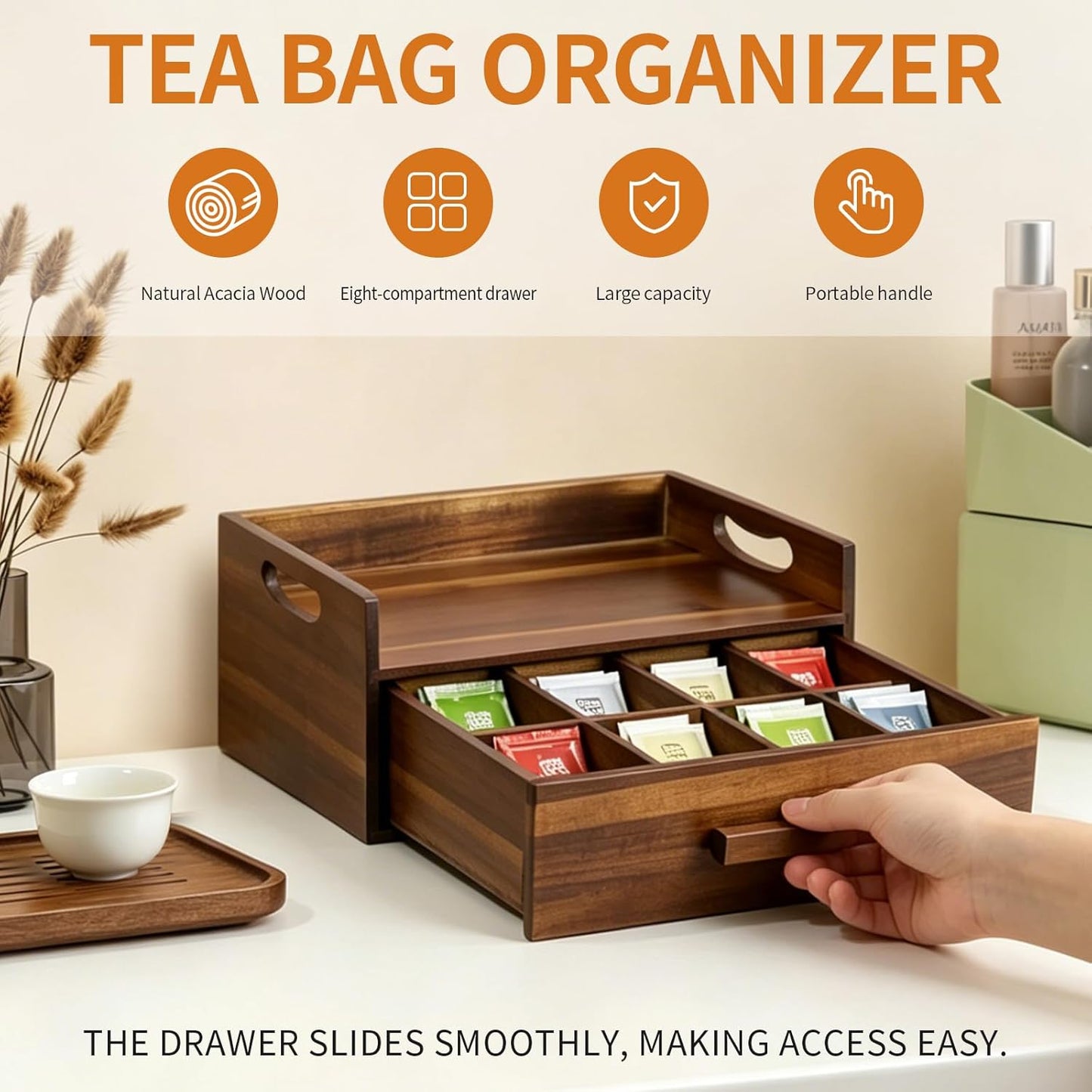 Acacia Wood Tea Bag Organizer Drawer with 12 Compartments, Premium Wooden Tea Box Storage Caddy & Multi Functional Countertop Tea Station