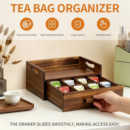 Acacia Wood Tea Bag Organizer Drawer with 12 Compartments, Premium Wooden Tea Box Storage Caddy & Multi Functional Countertop Tea Station