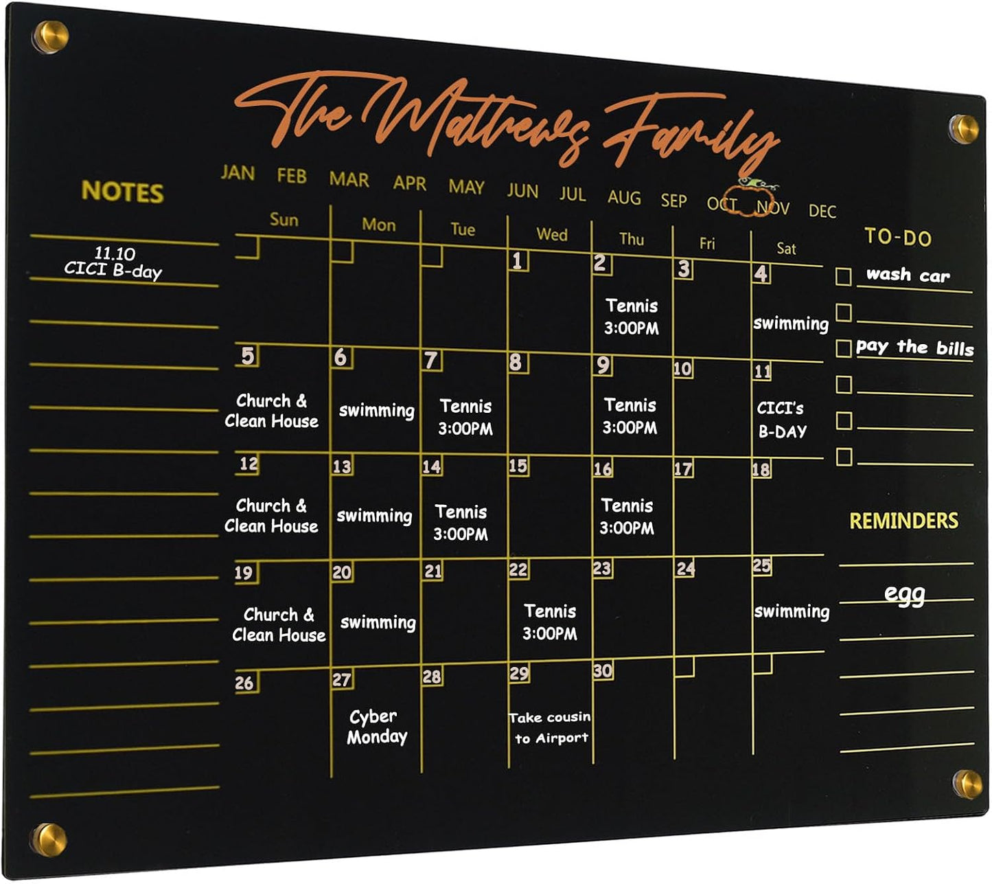 Black Acrylic Calendar Dry Erase for Wall, Family Planner, Monthly Calendar Dry Erase Whiteboard for Home, Office, 17" x 13"Reusable White Board(Acrylic-BK-3343)
