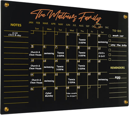 Black Acrylic Calendar Dry Erase for Wall, Family Planner, Monthly Calendar Dry Erase Whiteboard for Home, Office, 17" x 13"Reusable White Board(Acrylic-BK-3343)