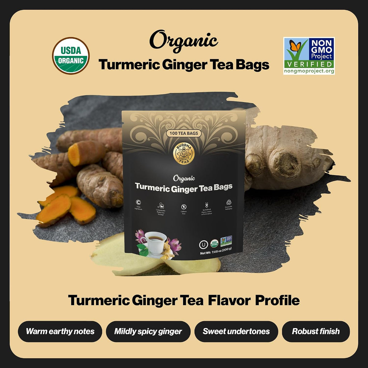 Buddha Teas Organic Turmeric Ginger Tea - Herbal Tea, Caffeine Free