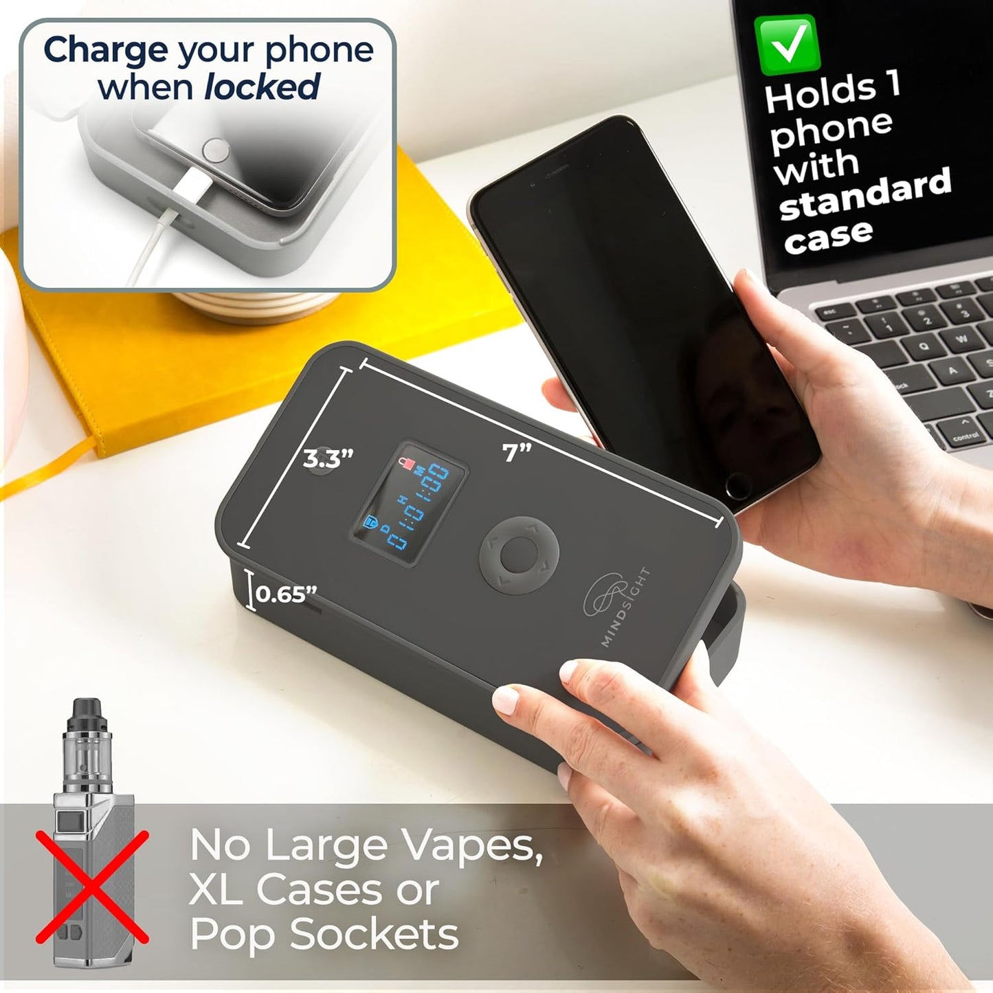 Mindsight Personal Timed Lock Box | Beat Everyday Temptations & Screen Time | 3 Commitment Modes | Fits 1 Phone with Standard Case | Charges While Locked | Out of Sight, Out of Mind