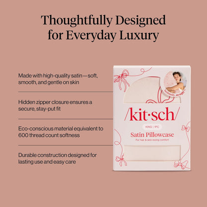Kitsch Satin Pillowcase with Zipper for Hair & Skin - Softer Than Silk Pillow Cases, Smooth Cooling Satin Pillow Case, Wrinkle-Free, Machine Washable - Pillow Cases Standard Size (19x26) - Blush