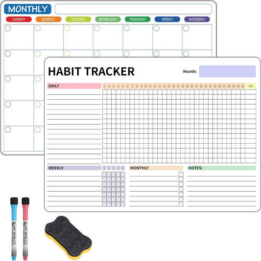 Habit Tracker Magnetic Whiteboard Set-Daily Weekly and Monthly Goal and Habit Tracker Magnetic Whiteboard for Refrigerator-Magnetic Calendar for Fridge -Motivational Goal & Planner Journal
