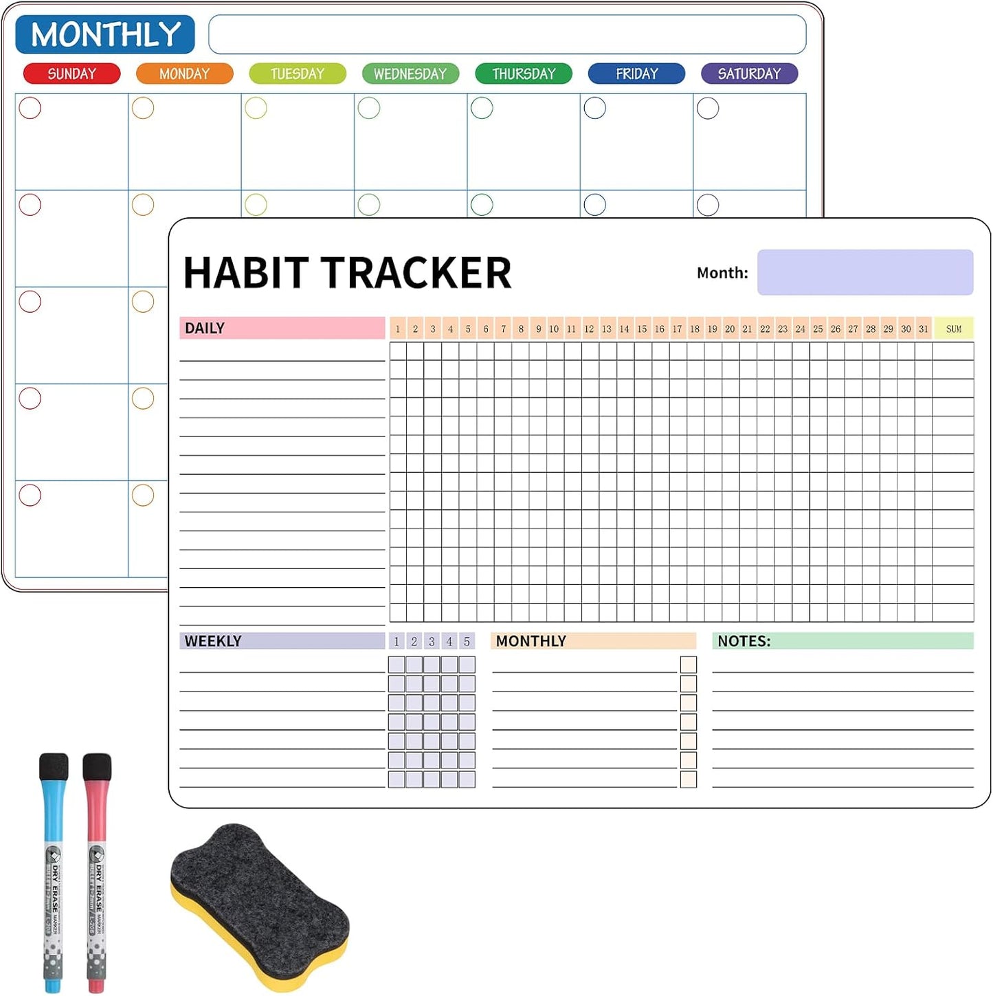 Habit Tracker Magnetic Whiteboard Set-Daily Weekly and Monthly Goal and Habit Tracker Magnetic Whiteboard for Refrigerator-Magnetic Calendar for Fridge -Motivational Goal & Planner Journal