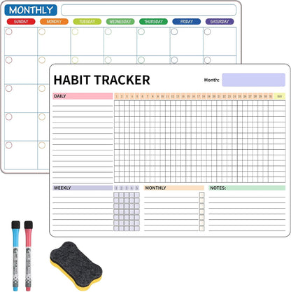 Habit Tracker Magnetic Whiteboard Set-Daily Weekly and Monthly Goal and Habit Tracker Magnetic Whiteboard for Refrigerator-Magnetic Calendar for Fridge -Motivational Goal & Planner Journal