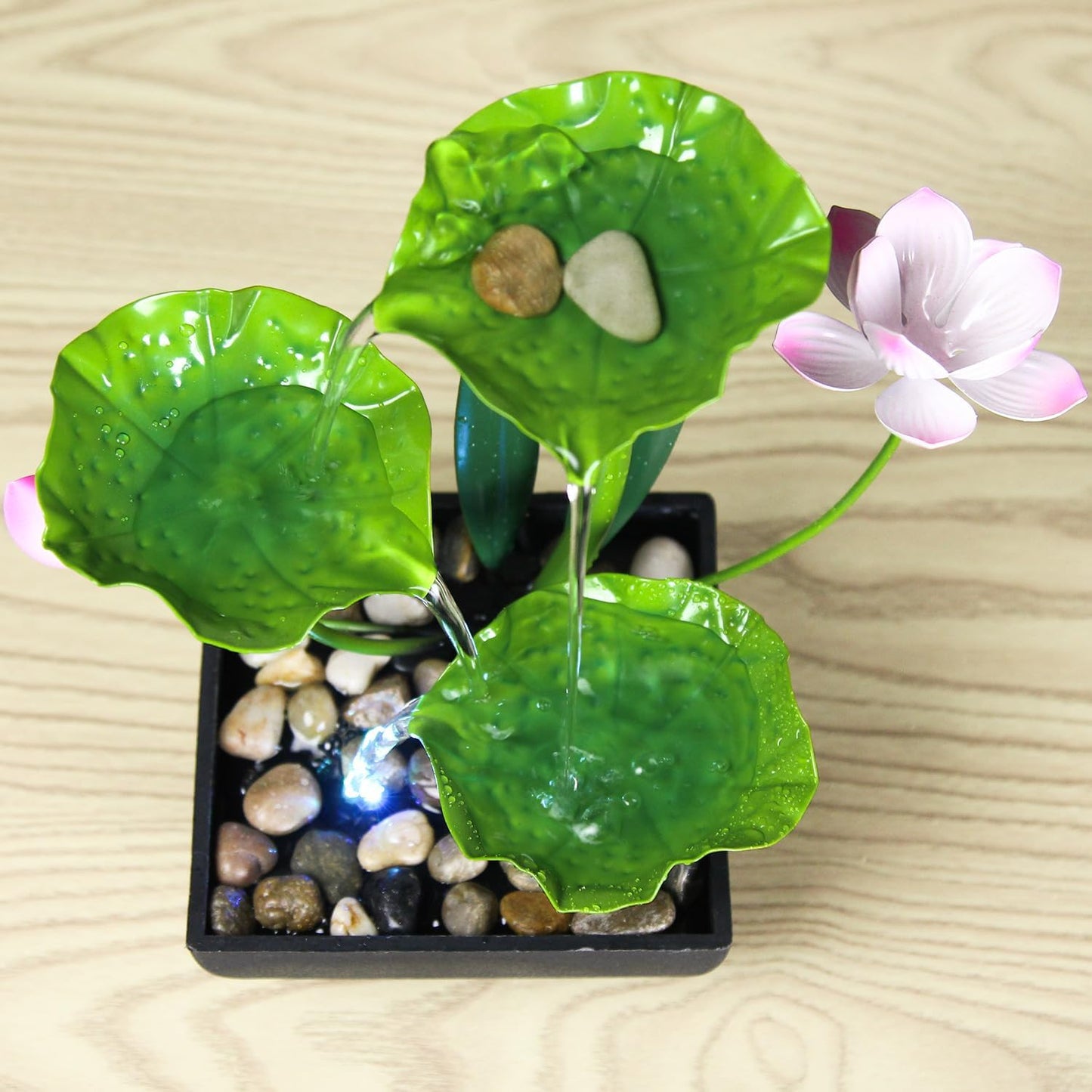 Water Fountain Indoor Waterfall Fountain 3-Tier Tabletop Fountain Lotus Desk Relaxation Home Decor Including Lots of Rocks and Soothing Sound Machine (Green 1)