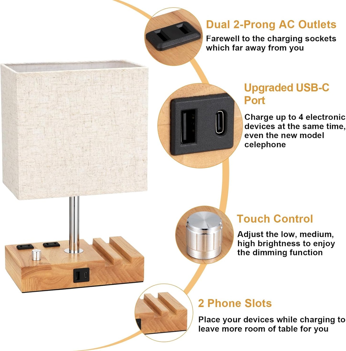 Kakanuo Fully Dimmable Nightstand Lamp for Bedroom with USB C Ports, Grey Small Bedside Table Lamp with Charging Outlets and Phone Stands, Wooden Desk Lamp for Living Room, LED Bulb Included